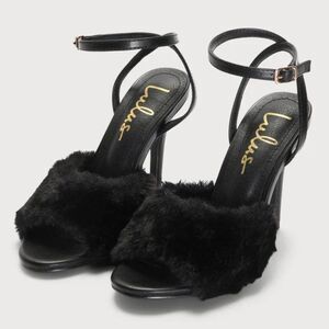 Lulus Women's Faux Fur Ankle Strap High‎ Heel Sandals Cocktail Black Size 7.5